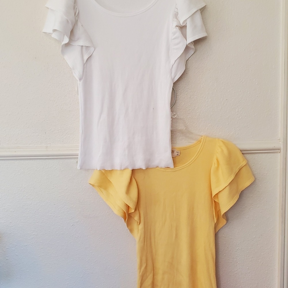 Nation LTD Ruffle Flutter Sleeve Ribbed Tops Bundle Yellow White Small Set of 2